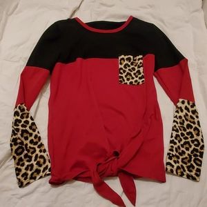 Deep red black and leopard print tie shirt